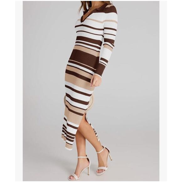 Brown White Pink Ribbed Striped Sweater Dress V-Neck Collared Bodycon Size XL - Picture 2 of 12